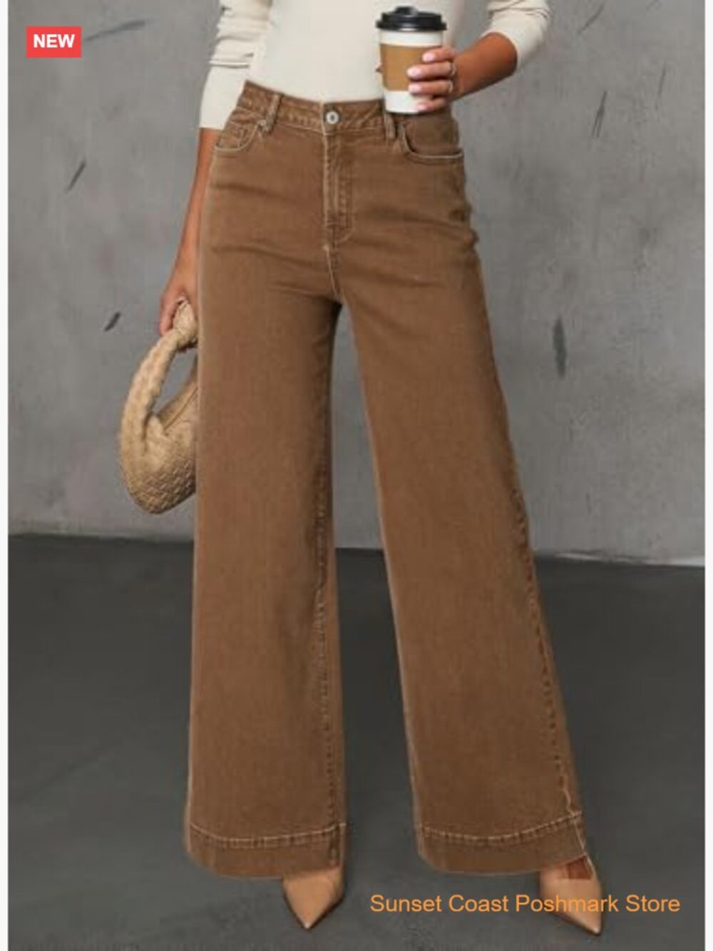 High Waisted Wide Leg Stretch Denim Pants with Pockets - Picture 2 of 7